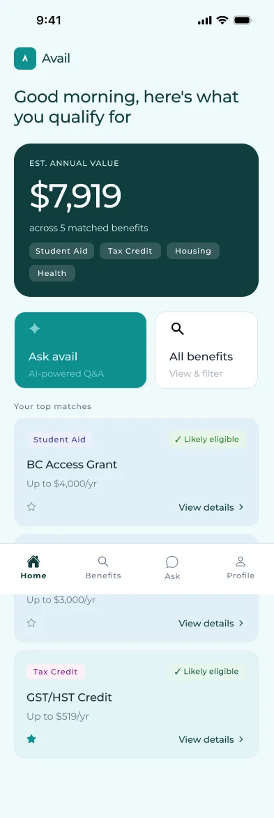 Avail app benefits screen